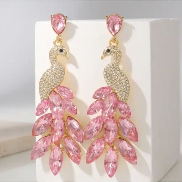 Gold Diamond Pink Peacock DropBird Dangle Rhinestone Drop Earrings - Picture 1 of 2